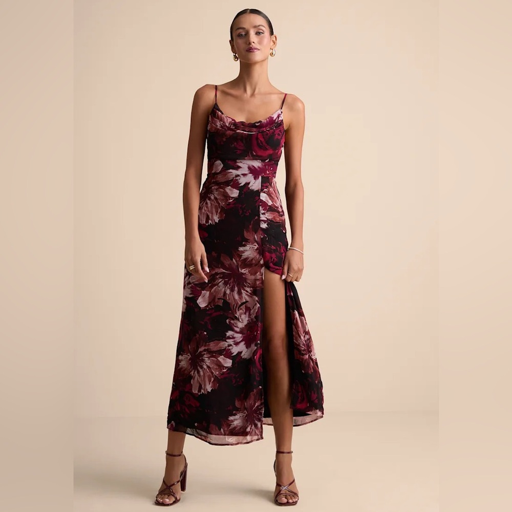 Lulus Flowery Passion Burgundy Floral Print Cowl Neck Midi Dress Size XL